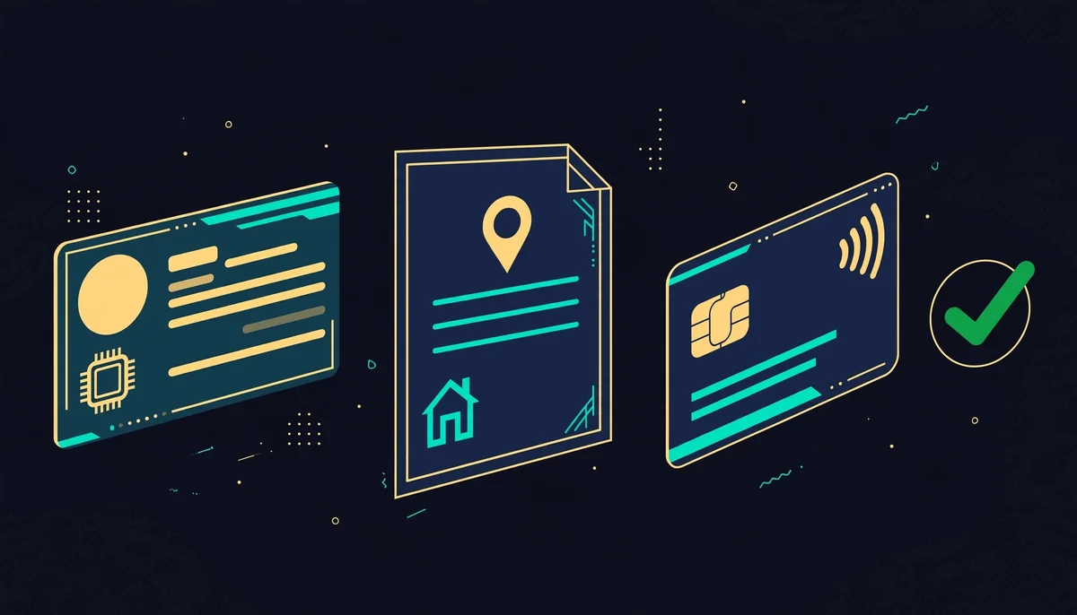 Pièce d'identité, justificatif de domicile et carte de paiement côte à côte